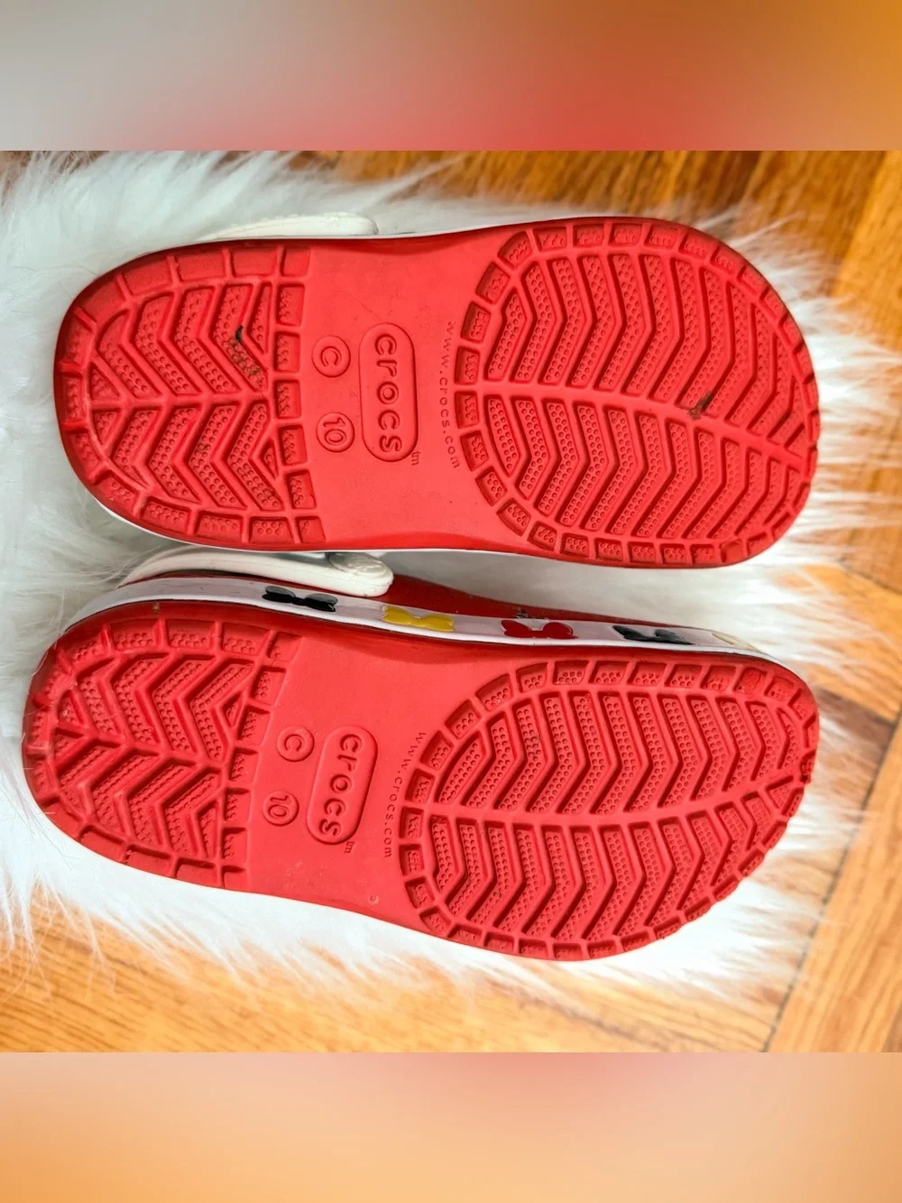 CROCS Kids Red Clogs with White Heel Strap and Minnie Accent